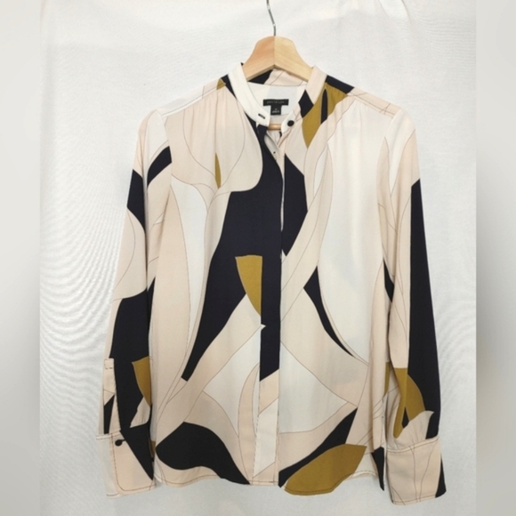 Ann Taylor Blouse Top Long Sleeve Button Front Abstract Cream.Bkue Pink XS - Picture 4 of 9